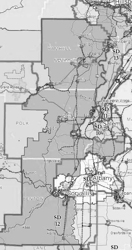 12th Senate District AREA All: none. Part: Yamhill, Polk, Benton, Marion, Washington.