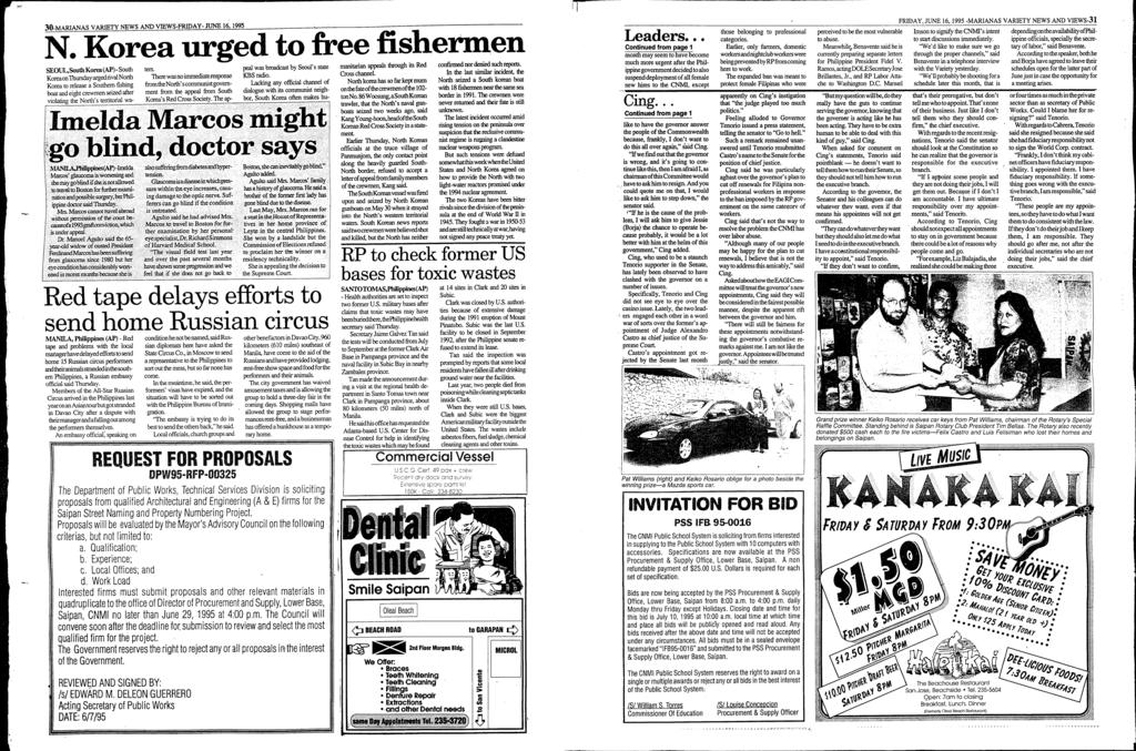 1, 30-MARANAS VARETY NEWS AND VEWS-FRDAY- JUNE 16, 1995,, N. Korea 11rged to free fishennen SEOUL South Korea (AP)-South ters.