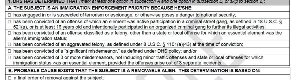PEP HOLD REQUEST FORM I 247D Missing: 1. The PEP memo requires special circumstances to issue a detainer. But this form does not describe any special circumstances. 2. By statute, ICE can only make a warrantless arrest (which is caused by a detainer) of someone who is likely to escape before a warrant can be obtained.