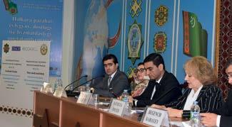 Ambassador Natalya Drozd, Head of the OSCE Centre in Ashgabat (right), delivers the opening address at an OSCE-supported academic forum held as part of the Seventh Regional Economic Co-operation