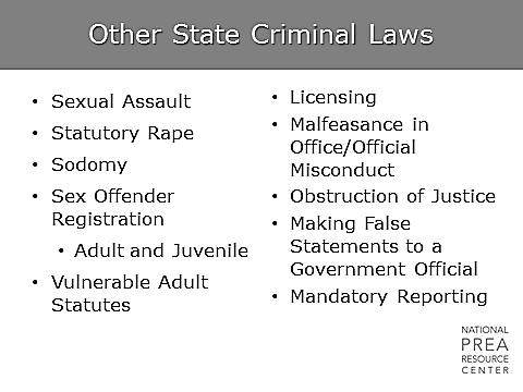 Here is a list of some of the laws that investigators and prosecutors may use in a case.
