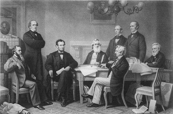 The Presidential Cabinet Lincoln and his Team of Rivals: This engraving depicts the first reading of the Emancipation Proclamation before President Abraham Lincoln's cabinet in 1862.