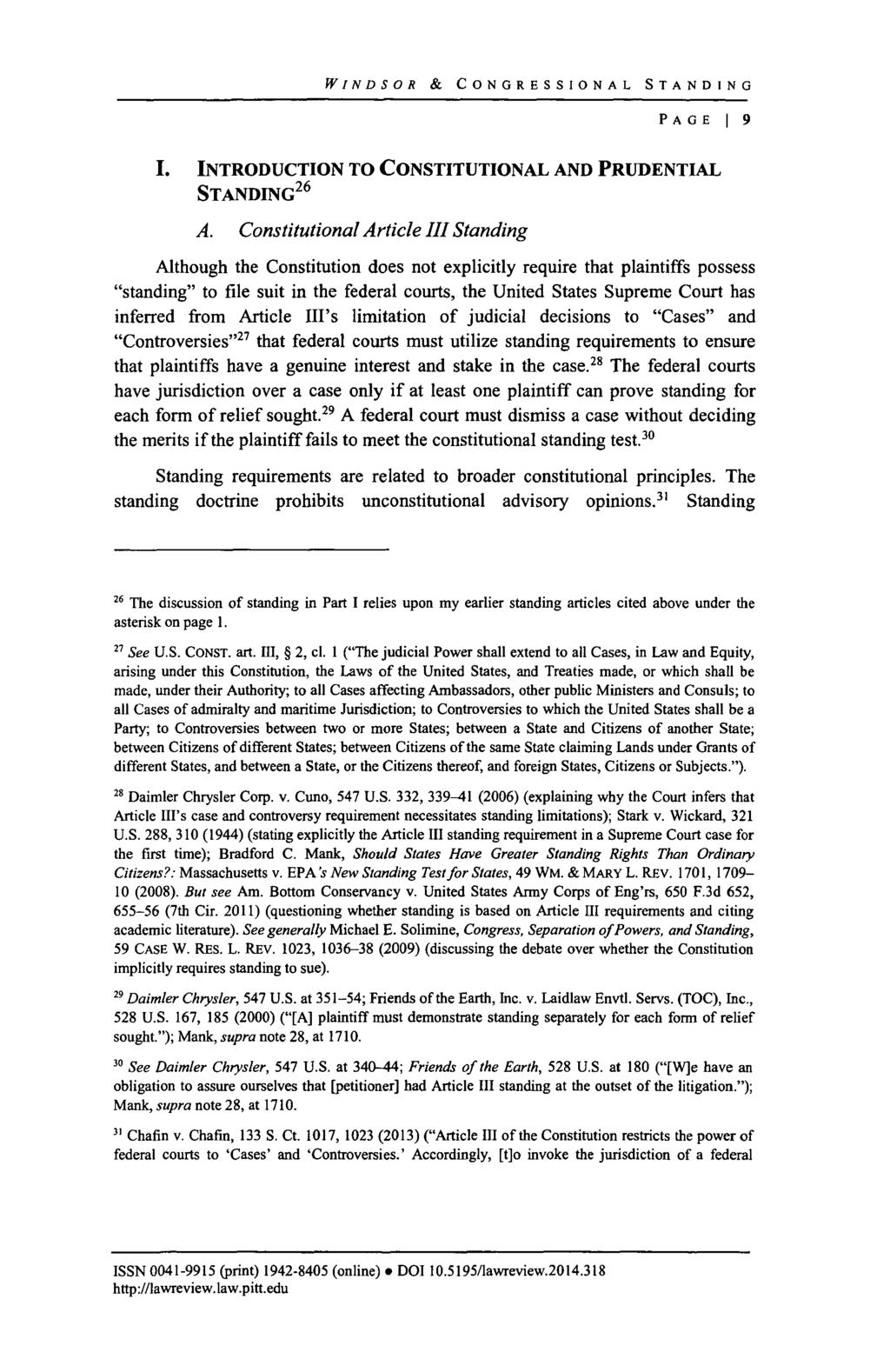 WINDSOR & CONGRESSIONAL STANDING PAGE 1 9 I. INTRODUCTION TO CONSTITUTIONAL AND PRUDENTIAL STANDING 26 A.