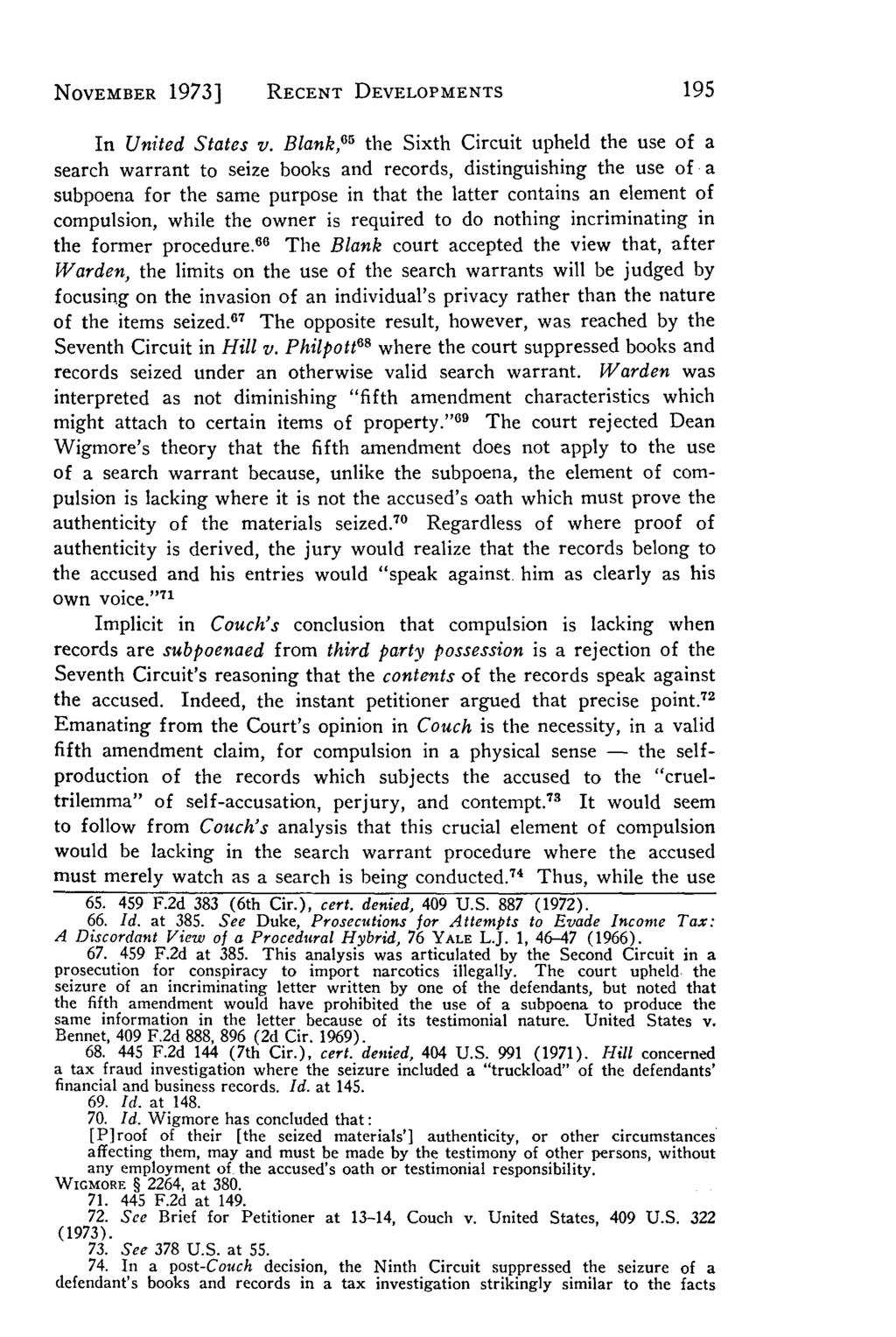 Villanova Law Review, Vol. 19, Iss. 1 [1973], Art. 6 NOVEMBER 1973] RECENT DEVELOPMENTS In United States v.