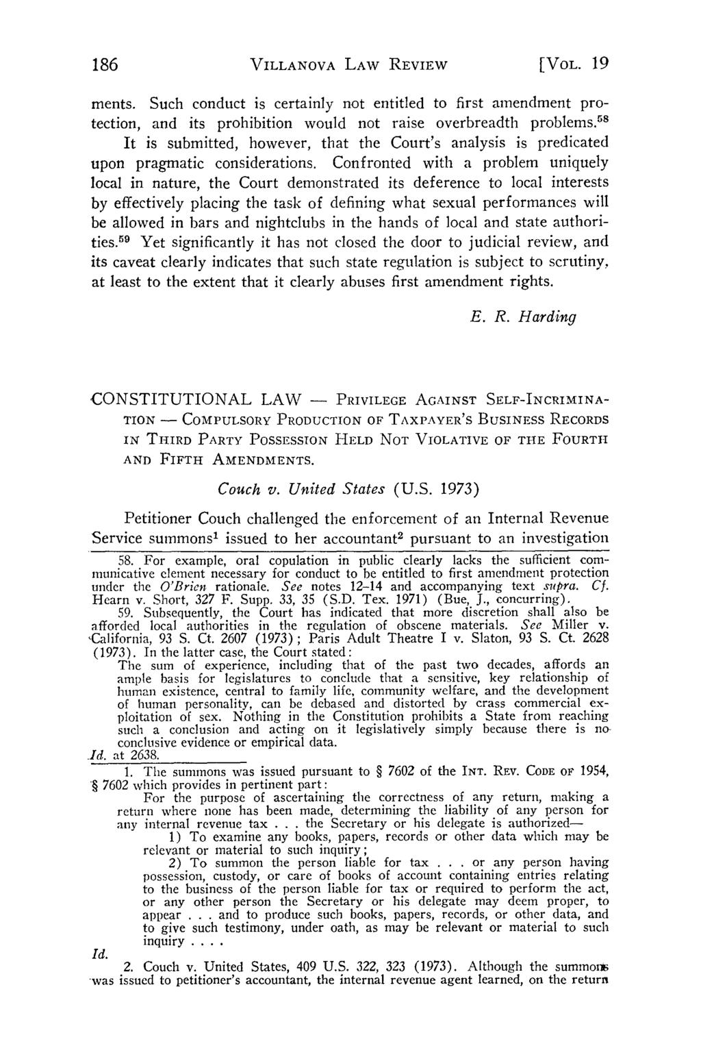 Coopersmith: Constitutional Law - Privilege against Self-Incrimination - Compu VILLANOVA LAW REVIEW [VOL. 19 ments.