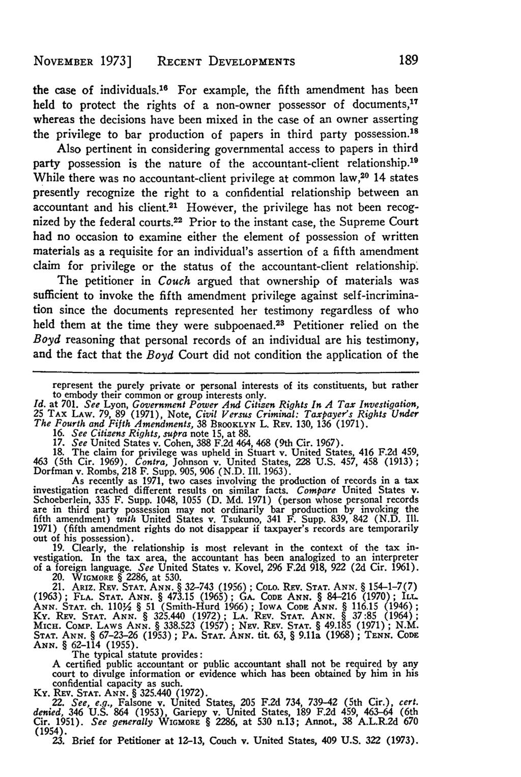 Villanova Law Review, Vol. 19, Iss. 1 [1973], Art. 6 NOVEMBER 1973] RECENT DEVELOPMENTS the case of individuals.