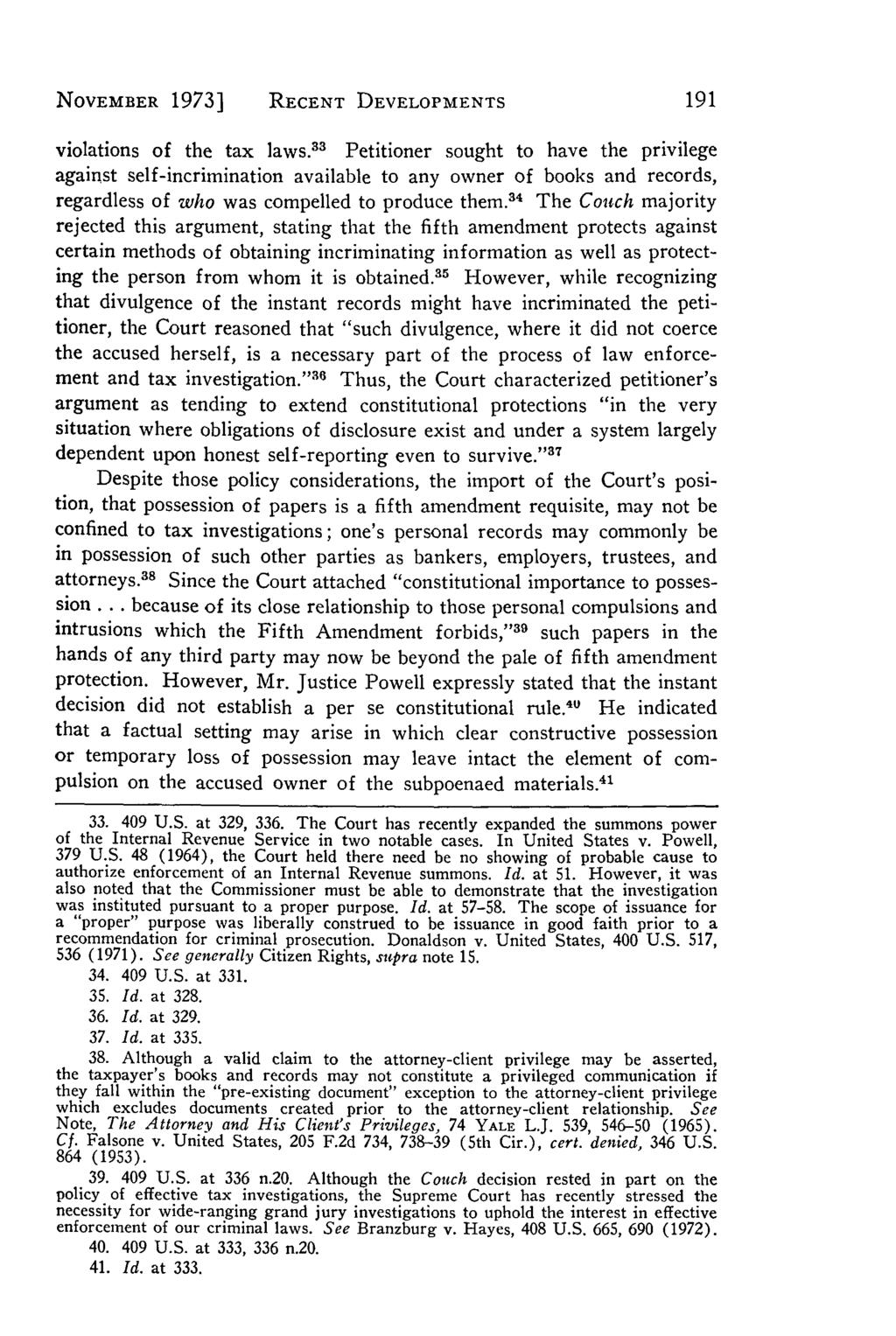 Villanova Law Review, Vol. 19, Iss. 1 [1973], Art. 6 NOVEMBER 1973] RECENT DEVELOPMENTS violations of the tax laws.