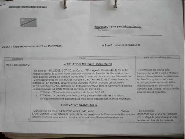 Annex 4 Democratic Republic of the Congo security service report on the attempted leaking of 14,000 rounds of ammunition from the FARDC