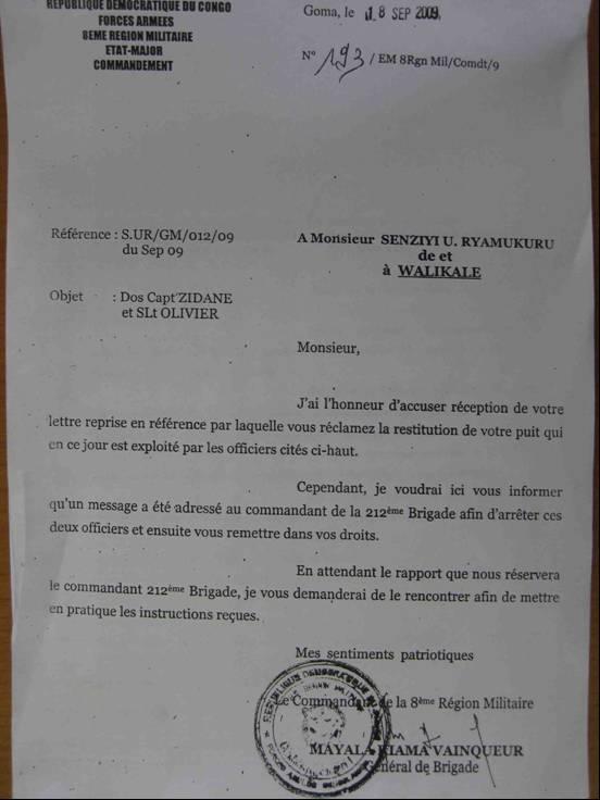 Annex 92 Letter written by General Mayala in September addressed to a local official in Walikale promising to remove Captain