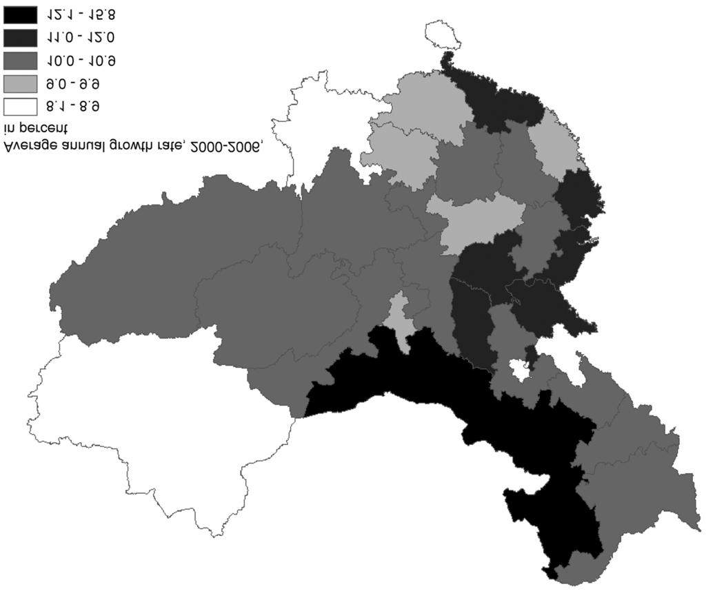 46 EURASIAN GEOGRAPHY AND ECONOMICS Fig. 6. Rate of growth in per capita GDP by province, 2000 2006. The grouping of growth rates is based on the natural breaks method.