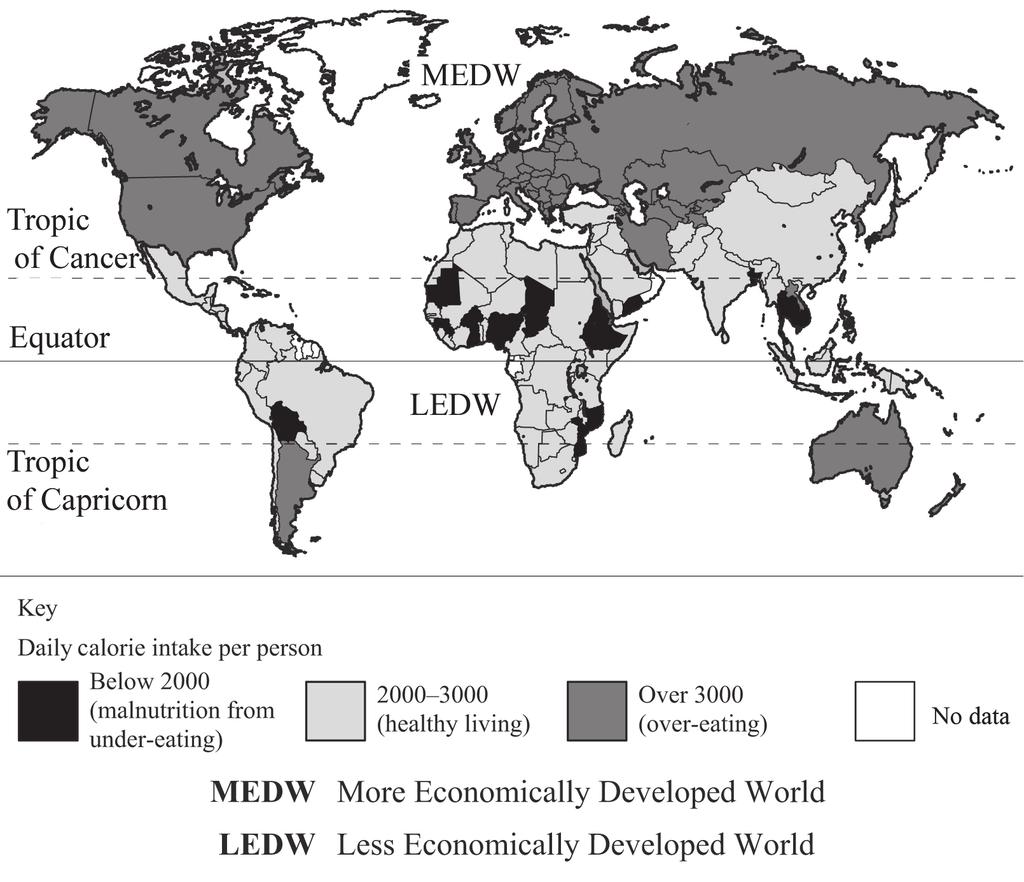 9. Human welfare (a) Study Figure 9(a), a global picture of food consumption (daily calorie intake per person).