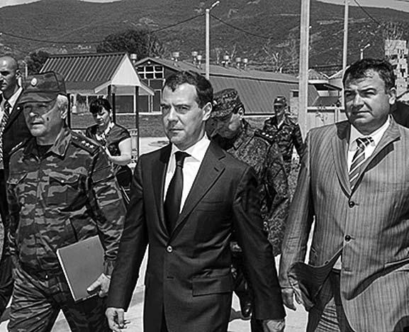 Medvedev visiting a Russian military base in South Ossetia in July 2009 with Commander of the North Caucasus Military District Sergei Makarov (left) and Defence Minister Anatoly Serdyukov.