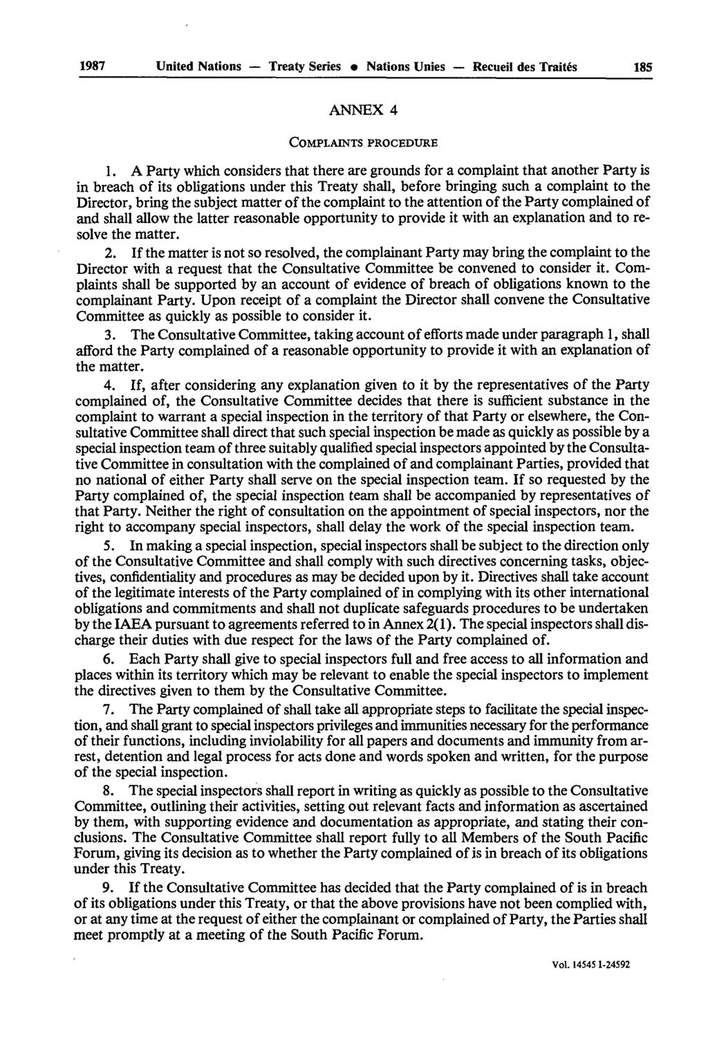 1987 United Nations Treaty Series Nations Unies Recueil des Traités 185 ANNEX 4 COMPLAINTS PROCEDURE 1.