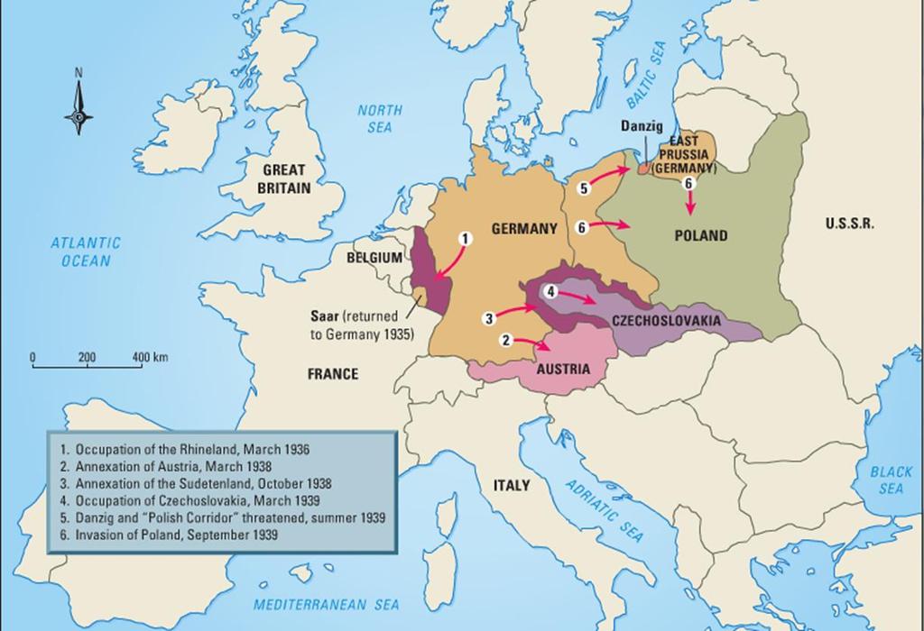 Poland 1939 Hitler demanded self-determination for the Germans in Danzig and the Polish corridor but Poland refused to negotiate April 13 Britain and France guaranteed Romania and Greece's