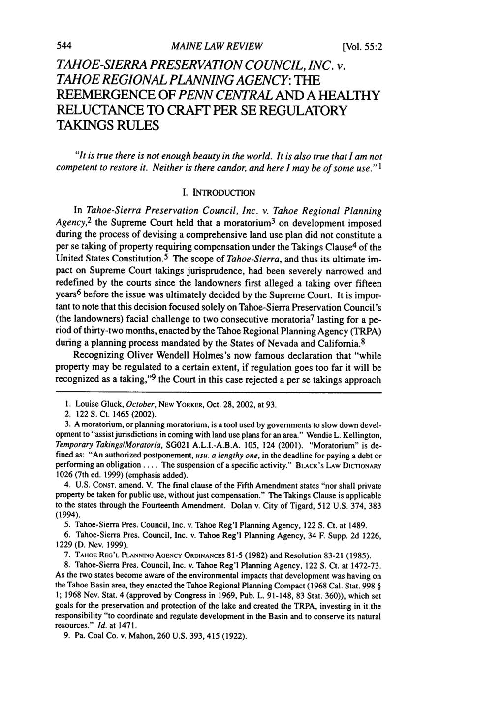 Maine Law Review, Vol. 55, No. 2 [2003], Art. 10 MAINE LAW REVIEW TAHOE-SIERRA PRESERVATION COUNCIL, INC. v.