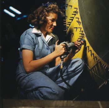 Women Working in the Defense Plants At left, a riveter works on a bomber in Fort Worth, Texas. Posters such as those above and to the right encouraged women to participate in the war effort.