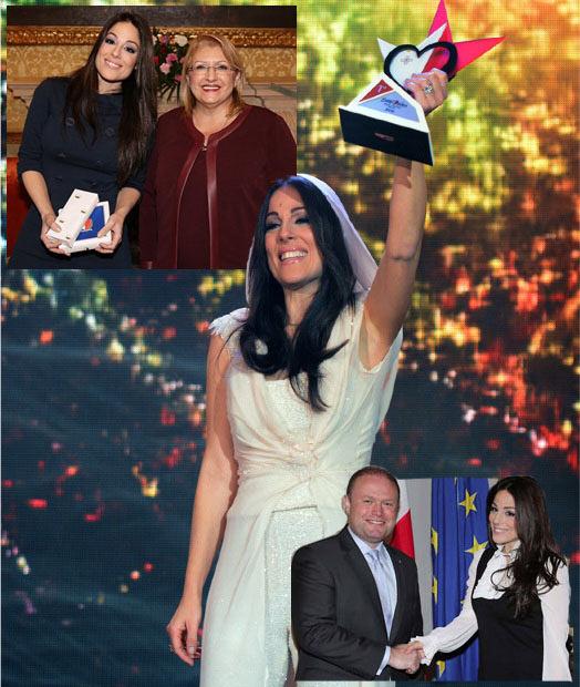 Stockholm Ira Losco with the trophy, and (top) in her meetng with President Marie-Louise