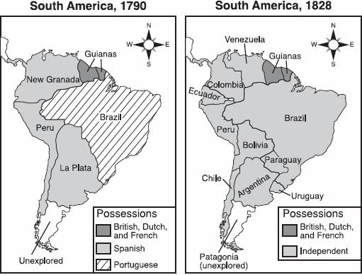 Use the maps below to answer question #14 14. Between 1790 and 1828, which situation helped cause the change reflected on these maps of South America? a. The Aztecs regained control of many areas of South America b.