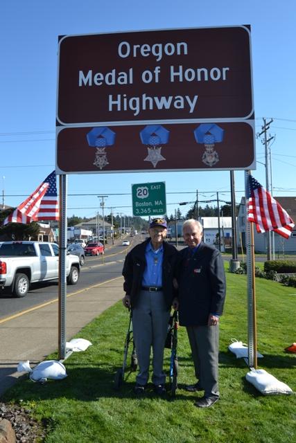 Bob Maxwell and Dick Tobiason at OR Medal of Honor Highway Sign in Newport, OR Dedicated Oct.