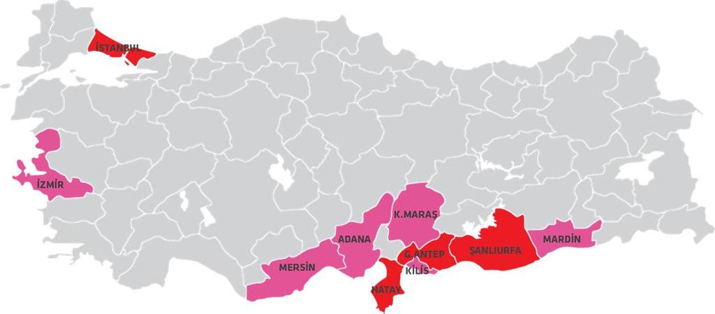12 DISTRIBUTION OF SYRIAN REFUGEES IN TURKEY The cities shown in red have the highest refugee population