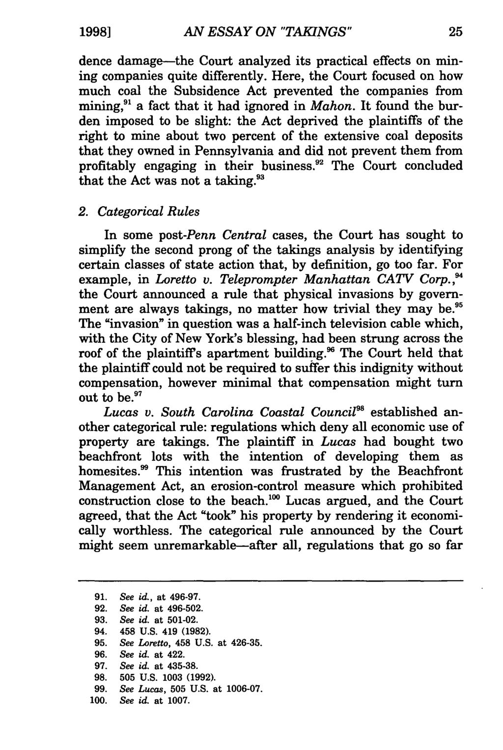 1998] Clifford AN and ESSAY Huff: An ON Essay on "TAKINGS" Takings dence damage-the Court analyzed its practical effects on mining companies quite differently.