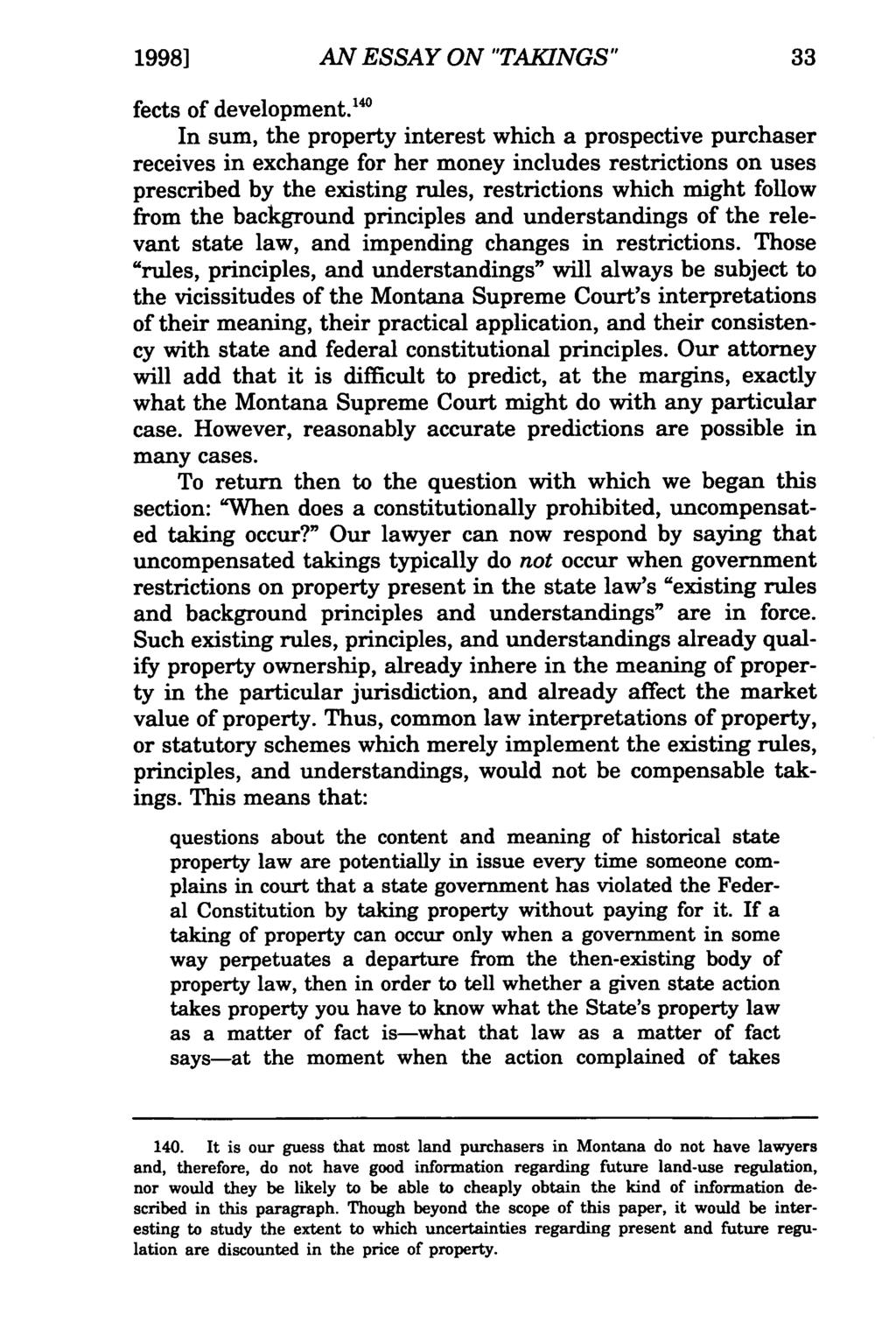 1998] Clifford AN ESSAY and Huff: An ON Essay "TAKINGS" on Takings fects of development.