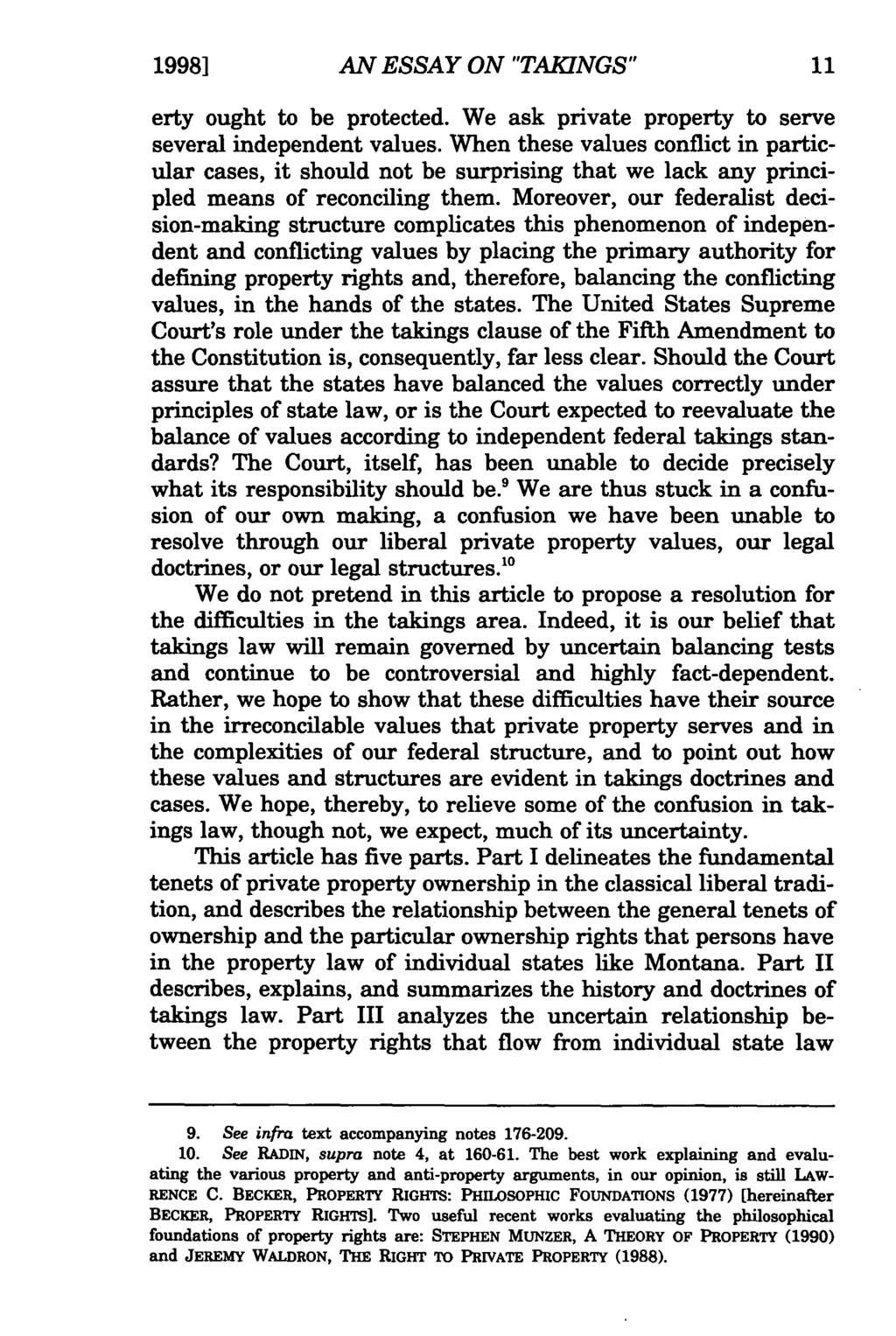 1998] Clifford and Huff: An Essay on Takings AN ESSAY ON "TAKINGS" erty ought to be protected. We ask private property to serve several independent values.