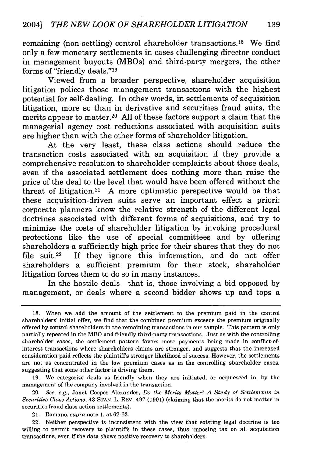2004] THE NEW LOOK OF SHAREHOLDER LITIGATION 139 remaining (non-settling) control shareholder transactions.