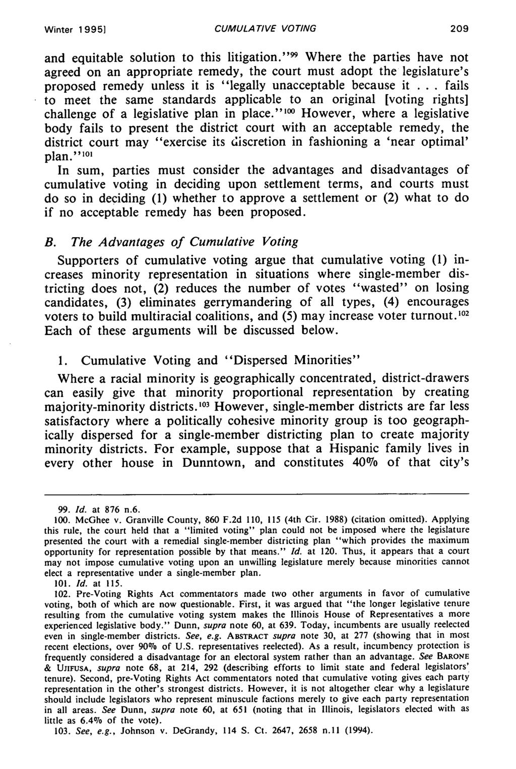 Winter 1995] CUMULATIVE VOTING and equitable solution to this litigation.