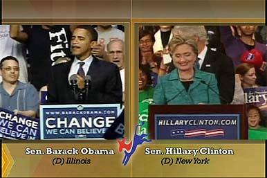 7. 00:40 Still Democratic debate 00:42 00:44 Still Republican debate Archive Footage Past Conventions 8. 00:54 Animation showing Senator Obama and Senator Clinton side by side. 9.