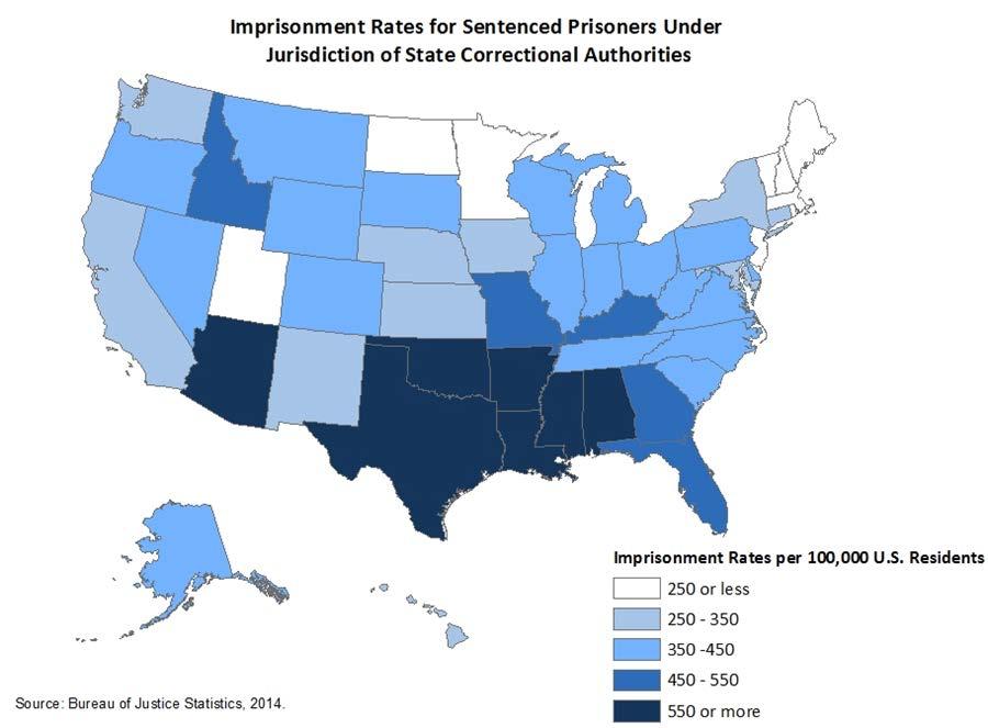 There are also large geographic differences in incarceration rates across States. Below, a map shows the distribution of total sentenced State and Federal prisoners per 100,000 residents.