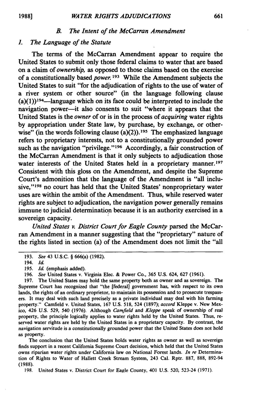 1988] WATER RIGH7S ADJUDICATIONS B. The Intent of the McCarran Amendment 1.