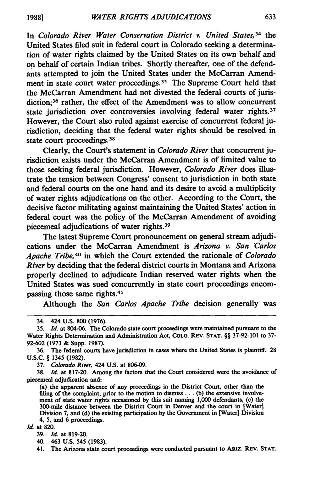 1988] WATER RIGHTS ADJUDICATIONS In Colorado River Water Conservation District v.