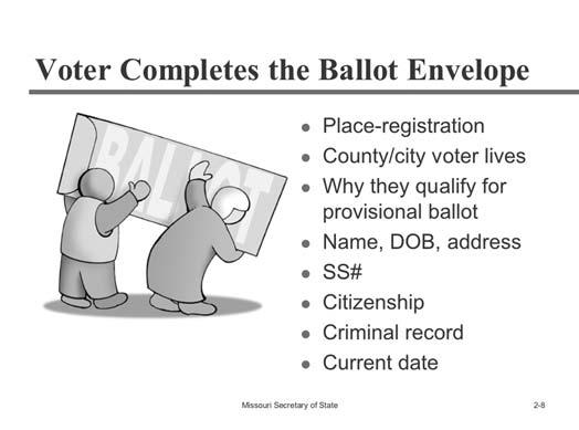 Slide 2-8: Refer trainees to page 24 in the Poll Worker Guide. Talking points (Hand out provisional ballot envelopes for trainees to view.