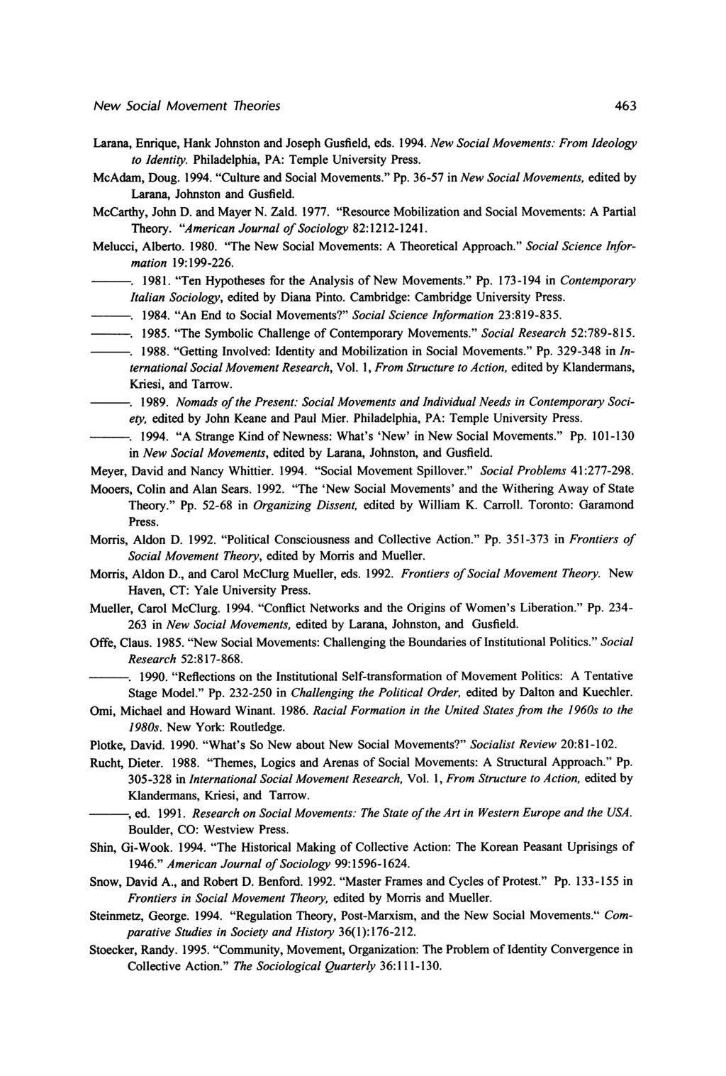 New Social Movement Theories 463 Larana, Enrique, Hank Johnston and Joseph Gusfield, eds. 1994. New Social Movements: From Ideology to Identity. Philadelphia, PA: Temple University Press.