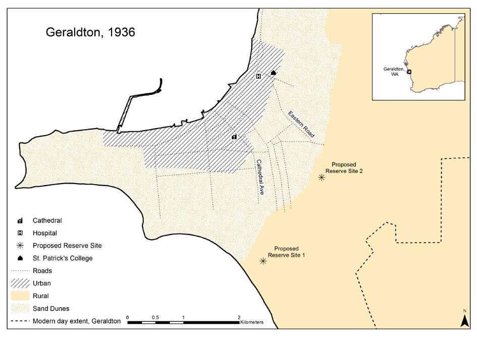 Figure 2 Proposed Reserve sites in relation to urban Geraldton, 1936 With the site now ostensibly settled after a two-year process, the next round of negotiations, which consumed much of 1937 and