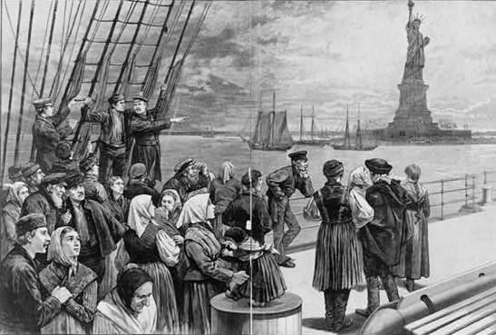 Welcome to the land of freedom, wood engraving, Leslie's Illustrated Newspaper, July 2, 1887.