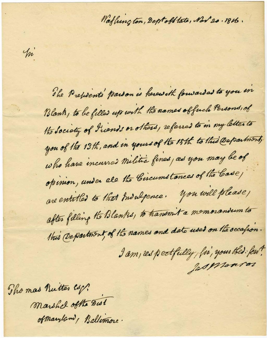 6 James Monroe to Thomas Rutter, Transmittal letter for blank