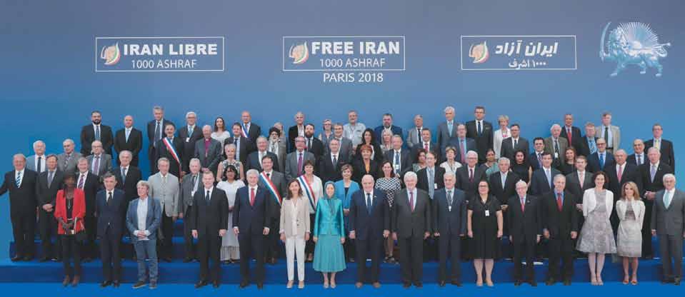 Villepinte, France (June 30, 2018) NCRI President-elect Maryam Rajavi (center), with dozens of senior former and and current officials from Europe, the United States, and Canada at the Free Iran