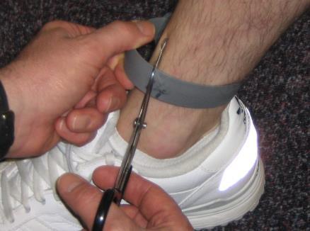Figure 1: Pull the strap of the transmitter away from the subject s leg and position the scissors as illustrated. Figure 2: Cut the strap and remove the PID from the subject s leg.
