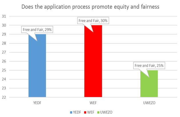 The findings show that 30% of the study respondents felt that WEF application process does promote equity and fairness, 29% of respondents indicated that YEDF process promotes equity and fairness,