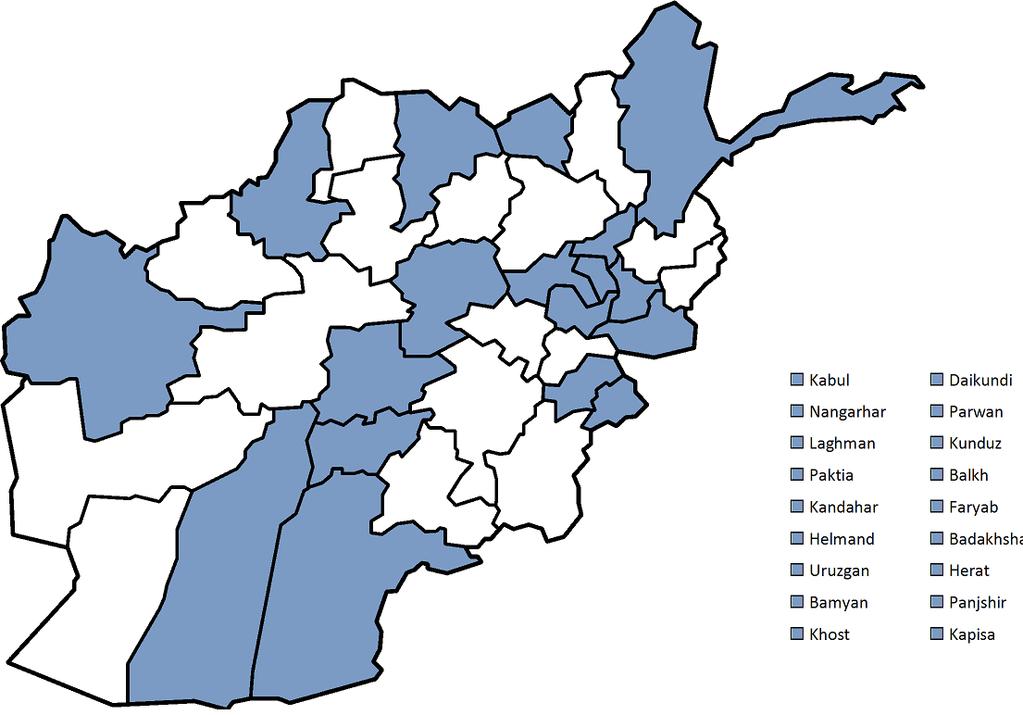 Coverage Area EPD currently operates, and has offices, in eighteen provinces namely: 1. Kabul 4. Herat 7. Bamyan 10. Faryab 13. Uruzgan 16. Badakhshan 2. Nagarhar 5. Panjhsher 8. Daikundi 11.