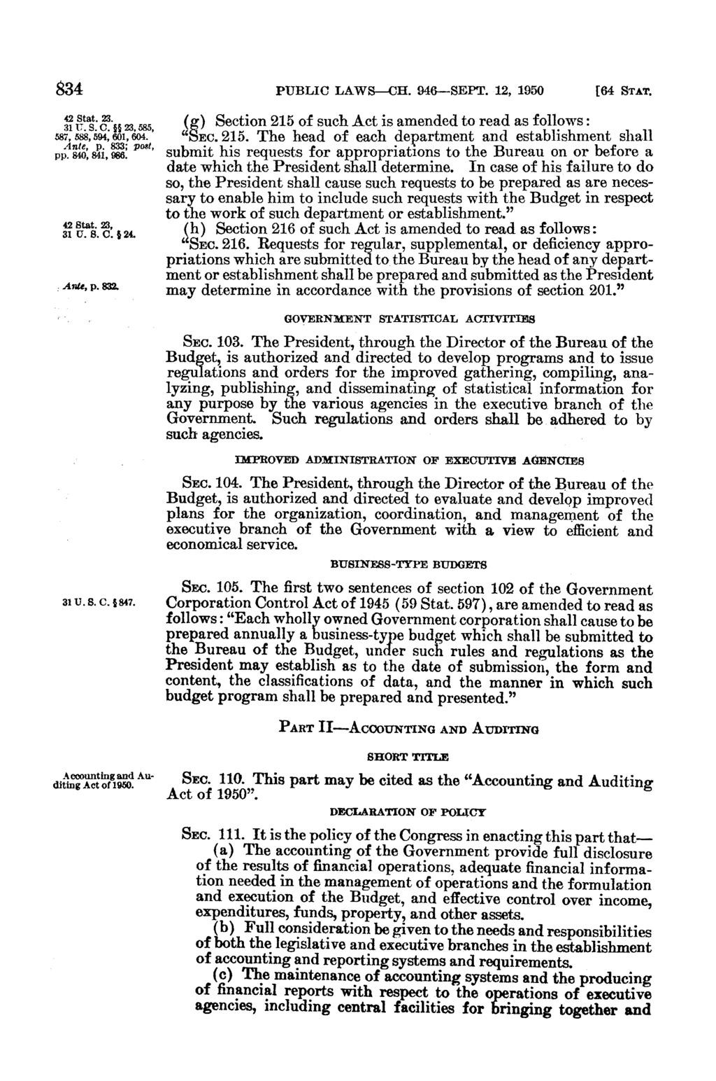 834 PUBLIC LAWS-CH. 946-SEPT. 12, 1950 [64 STAT. 42 Sta. C 23585 (g) Section 215 of such Act is amended to read as follows: 587, 5, 594 01, 604,. "SEC. 215. The head of each department and establishment shall p t pp.