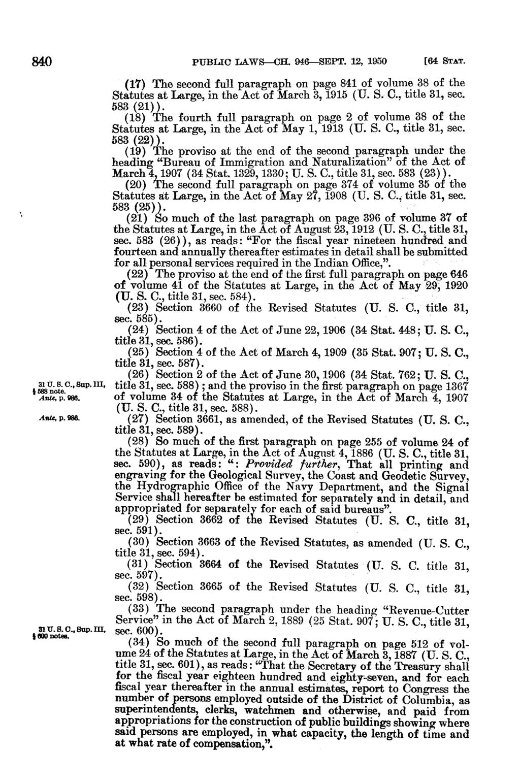 840 PUBLIC LAWS--CH. 946-SEPT. 12, 1950 [64 STAT. 31 U. S. C., Sup. II, 6588 note. Ante, p. 986. Ase, p. 86. s3 U...o., Sup. m, 000 notes.