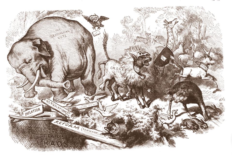 Cartoonist Thomas Nast developed the symbols for both the Republican and the Democratic parties. In 1874, Nast drew an elephant (above) to symbolize the size of the Republican party.