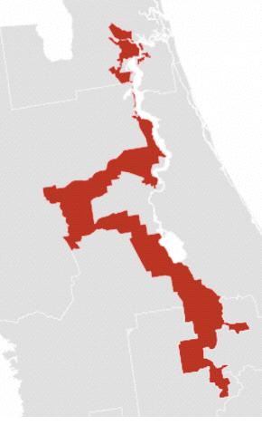 FLORIDA-5 Created in this form after 1990 Census, looked like this from 2013-2017 Meanders in the vicinity of Disney World, picking up pockets of Black population on the way, plus a bigger chunk of