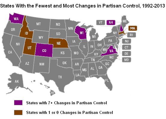Figure 18: Map showing the states with the most and least number of changes in control from 1992-2013 State governments had 206 changes in party control, with an average of 9.