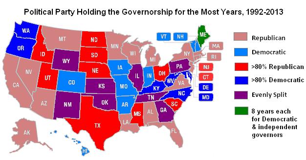 Figure 2: Map depicting the percentage of times a party held a state s governorship. Only seven states had a governor outside of the two major parties. No state had more than one.