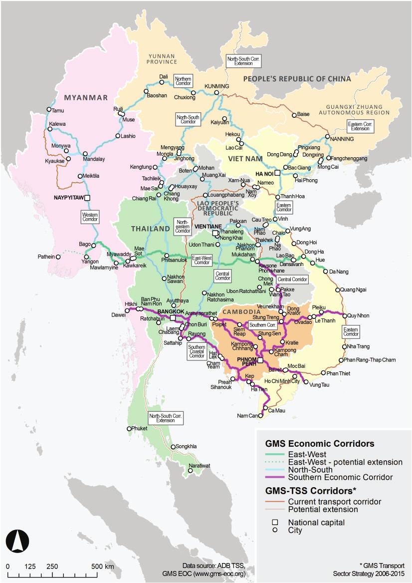 Figure 4: Overlay of the Greater Mekong Subregion Economic Corridors on the Greater Mekong Subregion Corridor Network GMS =