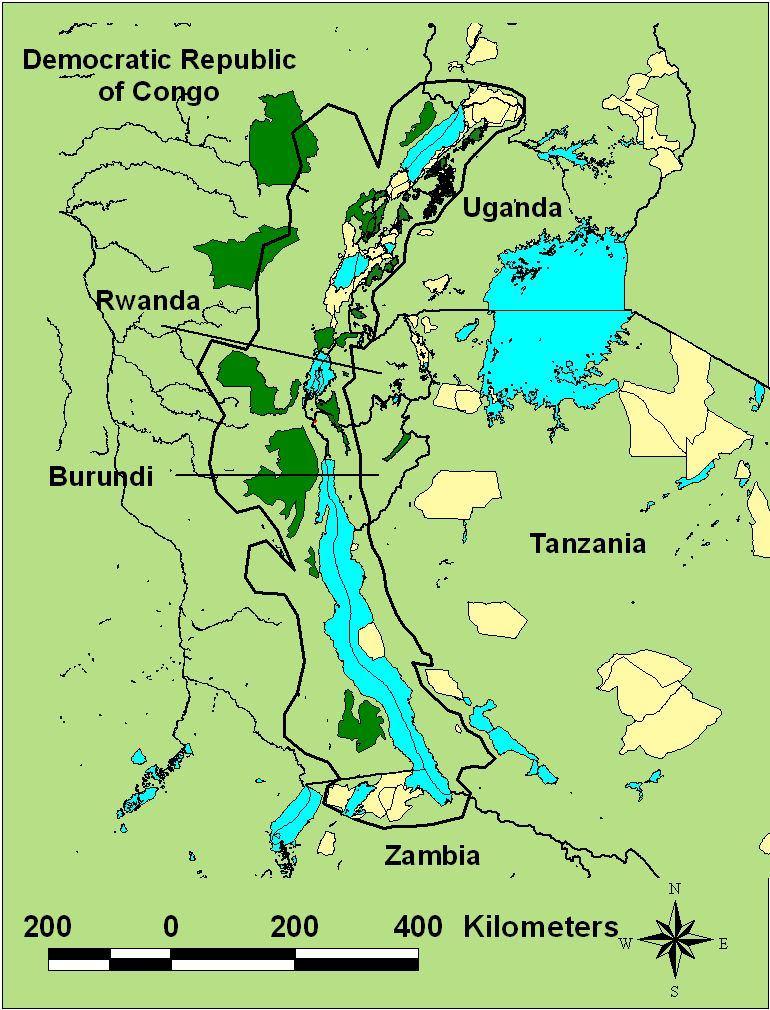 Figure 1 : Map showing the extent of the Albertine Rift Region. Forest protected areas are in green.
